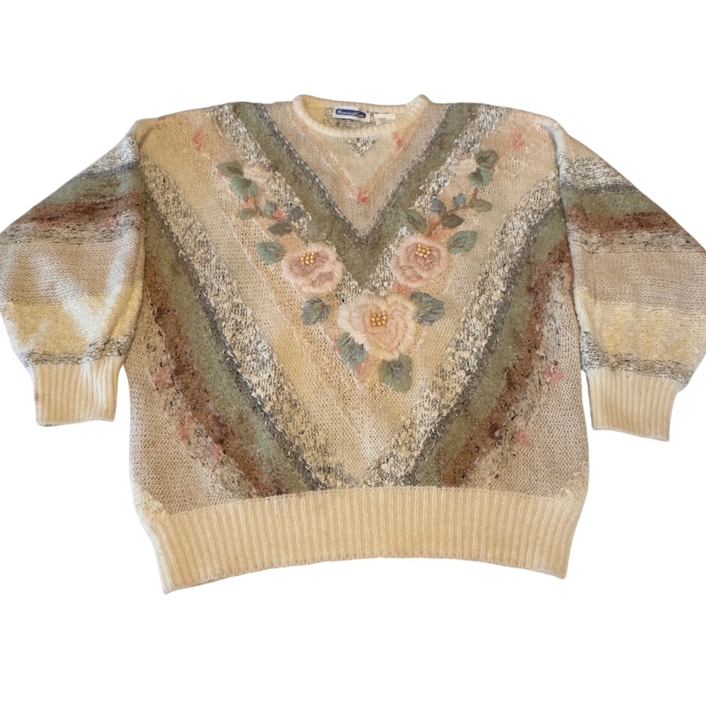 Mariea Kim Vintage Floral Embroidered Chevron Knit Sweater Cream Pink Large